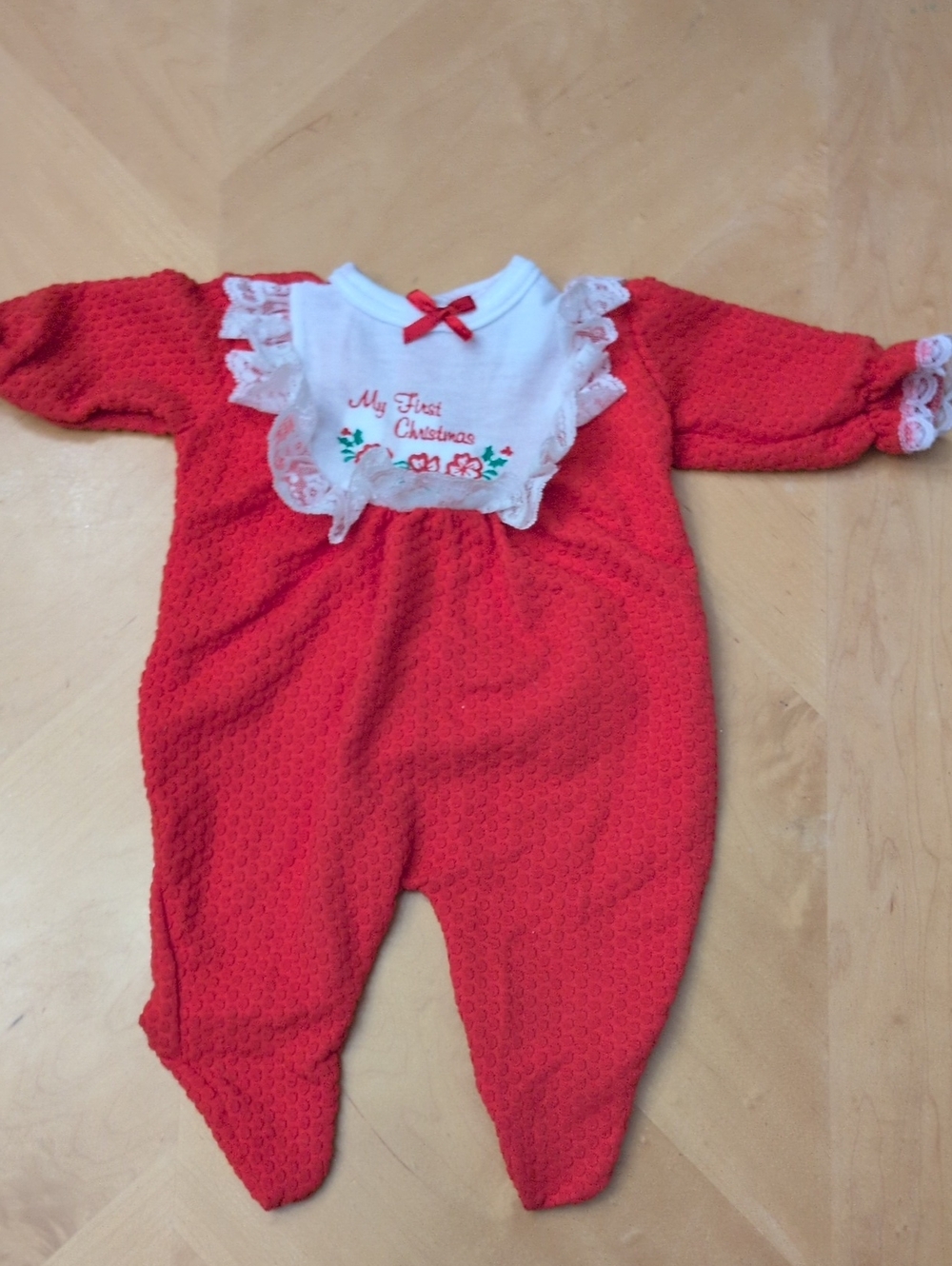 Baby Girls Red 'My First Christmas' One-Piece Romper with Lace *Vintage*